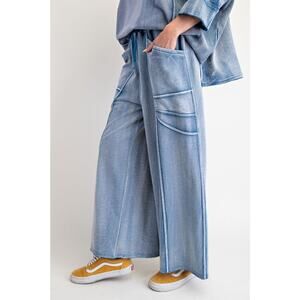 "Margot" Wide Leg French Terry Pants in Washed Denim Blue